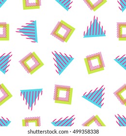 Vector seamless retro comic memphis pattern with geometric elements. Chaotic trendy geometry in minimalistic flat style. Suitable for posters, covers, prints.