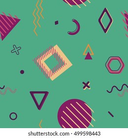 Vector seamless retro comic memphis pattern with geometric elements. Chaotic trendy geometry in minimalistic flat style. Suitable for posters, covers, prints.