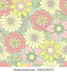 Vector Seamless Retro Flowers Pattern in Pastel Colors