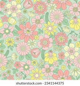 Vector Seamless Retro Flowers Pattern in Pastel Colors