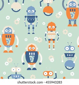 Patrón de futurismo retro sin fisuras vectorial, ilustración de robots