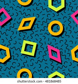 Vector seamless retro memphis pattern with geometric elements. Chaotic trendy geometry in hipster style. Suitable for posters, covers, prints.