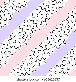 Vector seamless retro memphis pattern with geometric and hand drawn brush elements. Chaotic trendy geometry in hipster style. Suitable for posters, covers, prints.