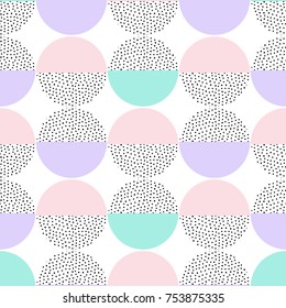 Vector seamless retro memphis pattern with round geometric elements. Trendy geometry in hipster style. Suitable for posters, covers, prints.