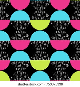 Vector seamless retro memphis pattern with round geometric elements. Trendy geometry in hipster style. Suitable for posters, covers, prints.