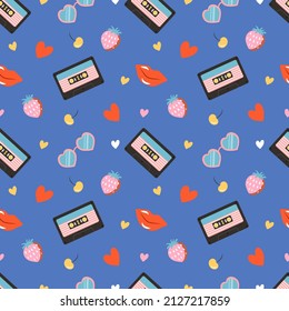 vector seamless retro pattern in 90s style with hand drawn cassette tapes, hearts, glasses, strawberries. flat style pattern for printing on fabric, clothing, wrapping paper