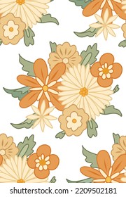 Vector seamless retro pattern with bouquet groovy flowers. Blossom hippie texture with different gentle flowers on white background. Floral retro background for fabrics and wallpapers.