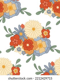 Vector seamless retro pattern with bunch of flowers. Ditsy hippie texture with bouquet groovy flowers with stems on white background. Floral backdrop for fabrics and wrapping paper