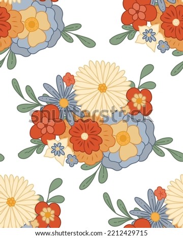 Vector seamless retro pattern with bunch of flowers. Ditsy hippie texture with bouquet groovy flowers with stems on white background. Floral backdrop for fabrics and wrapping paper