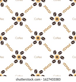 Vector seamless retro pattern of coffee beans and cups of coffee on a saucer. Stock isolated illustration on a white background. Template for wrapping paper, menu design, textile, fabric, wallpaper.