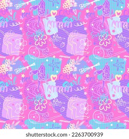 Vector seamless retro pattern with colorful girls gymnasts, flowers, text, stars. Multicolored background for sports cover design, flyer, textile, wrapping paper. Wallpapers, sketches of athletes.