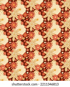 Vector seamless retro pattern with dense groovy flowers. Ditsy hippie texture with different beige and coral flowers on dark background. Floral retro background for fabrics and wallpapers.