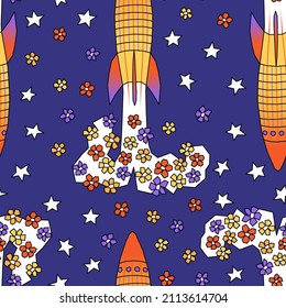 Vector seamless retro pattern with flower-fuelled rockets taking off into space