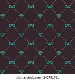 Vector seamless retro pattern, with hipster gentleman bow tie, diamond, arrows. For wallpaper, pattern fills, web page background, blog. Stylish texture.Vintage colors.