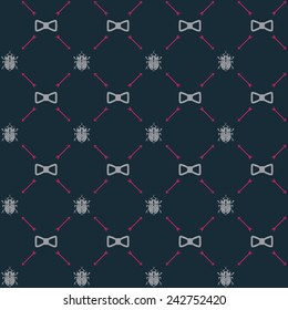 Vector seamless retro pattern, with hipster gentleman bow tie, scarab beetle, arrows. For wallpaper, pattern fills, web page background, blog. Stylish texture.Vintage colors.