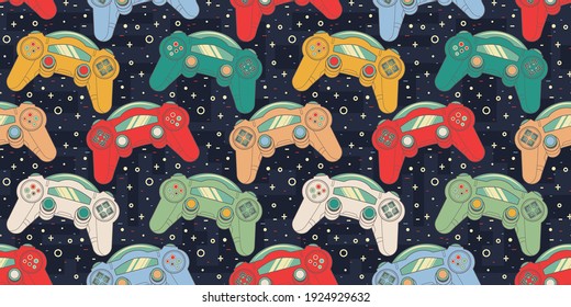 Vector Seamless Retro pattern with joysticks. Video game controller gaming cool print for boys and girls. Print for textiles, sportswear.