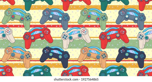 Vector Seamless Retro pattern with joysticks. Video game controller gaming cool print for boys and girls. Print for textiles, sportswear.