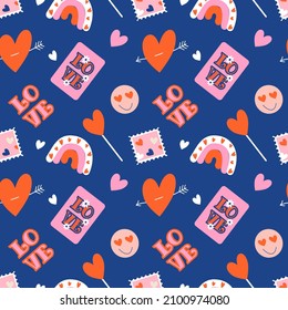 vector seamless retro pattern on the theme of valentine's day. pattern with flat style with hearts, cards, lollipops