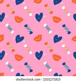 vector seamless retro pattern on the theme of valentine's day. pattern with flat style with hearts and candies