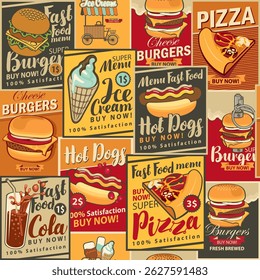 vector seamless retro pattern of posters on the theme of restaurants and shops fast food, drinks, pizzerias and ice cream. Hamburger, cheeseburger, hot dog