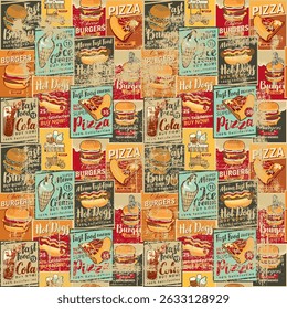 vector seamless retro pattern of posters on the theme of restaurants and shops fast food, drinks, pizzerias and ice cream. Hamburger, cheeseburger, hot dog. no AI used
