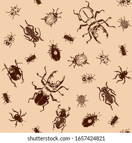 Vector seamless retro pattern with various bugs. Hand drawn elements. Ink and brush style.
