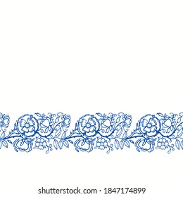 Vector seamless retro rose border. Vintage porcelain blue, hand drawn rose garland, embroidery style design. Line art florals on white background. Elegant nature background. Perefect for kitchen