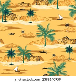 vector seamless retro style Hawaiian pattern on yellow background