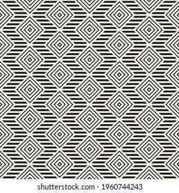 Vector seamless rhombus and lines ethnic pattern. Repeating abstract background. Black and white geometric design. Modern stylish texture.