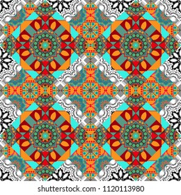 Vector seamless rhombus and tiles parquet texture in blue, orange and gray colors (chevron various).