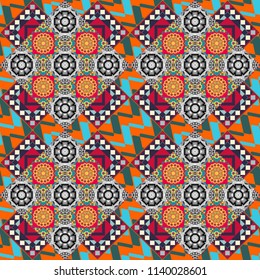 Vector seamless rhombus and tiles parquet texture in blue, gray and orange colors (chevron various).