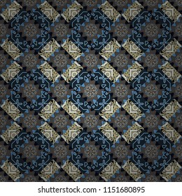 Vector seamless rhombus and tiles parquet texture in brown, blue and beige colors (chevron various).