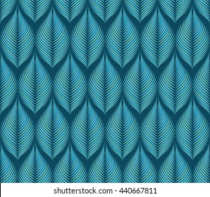 Vector seamless rhythmic fractal pattern. Hues of blue and green. Rhythmical fantasy leaves. Art deco style. For textile, fabric, wallpaper, wrapping paper. Organic forms. Illusion of volume.