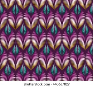 Vector seamless rhythmic fractal pattern. Rhythmical gradient green, purple, yellow fantasy leaves. Art deco style. For textile, fabric, wrapping paper,  background. Organic forms. Illusion of volume.