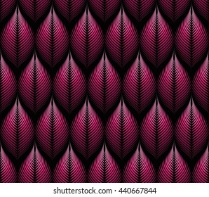 Vector seamless rhythmic fractal pattern. Rhythmical red gradient fantasy leaves. From pink to purple. Art deco style. For textile, fabric, wallpaper, wrapping paper. Organic forms. Illusion of volume