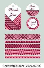 vector seamless ribbon with geometric patterns in red shades and two stickers with these ribbons