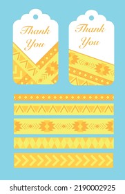 vector seamless ribbon with geometric patterns in yellow shades and two stickers with these ribbons
