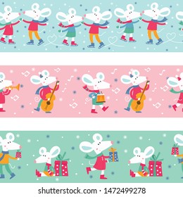 Vector seamless ribbons and braid, border, pattern, stripe. Christmas and new year set
