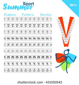 Vector seamless ribbons collection. Summer sports border set, simple line. Canoeing, Volleyball, Rhythmic and artistic Gymnastics, Tennis, Water polo and Boxing theme. Trendy colors