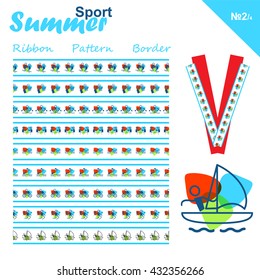 Vector seamless ribbons collection. Summer sports border set, simple line. Swimming, Wrestling, Sailing, Diving, Badminton, Rowing, Cycling, Basketball, Table tennis theme. Trendy colors