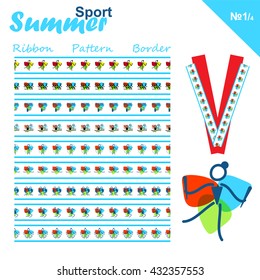 Vector seamless ribbons collection. Summer sports border set, simple line. Canoeing, Volleyball, Rhythmic and artistic Gymnastics, Tennis, Water polo and Boxing theme. Trendy colors