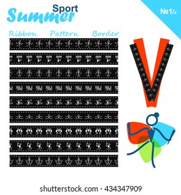 Vector seamless ribbons collection. Summer sports border set, simple line. Canoeing, Volleyball, Rhythmic and artistic Gymnastics, Tennis, Water polo and Boxing theme. Trendy colors