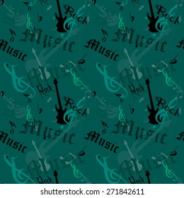vector seamless rock music pattern with guitars, keys, notes and labels "rock" and "music"