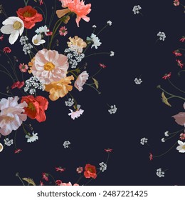 Vector seamless rococo style pattern . Retro flowers. Faded colours of the bouquet. Print for textiles, wallpaper, packaging and surfaces.