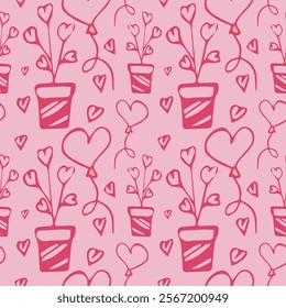 Vector seamless romantic pattern with balloon, hearts, hearts in the pot. Love, holiday.