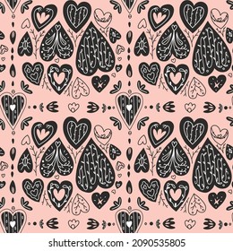 Vector seamless romantic pattern. Black and white ilustartion  of hearts, leaves and branches. Modern design great for Valentine's Day gifts or wrapping paper.