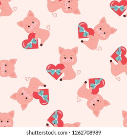 Vector Seamless Romantic Pattern With Cute Pig With Red Heart Tied With Blue Ribbon In Paws On Pink Background. Endless Texture.Sample Background For Web, Covers, Banners, Decoration, Elegant Designs.