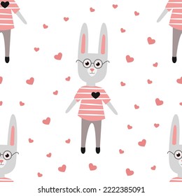 Vector Seamless Romantic Pattern with Cute Rabbits and Hearts on a white background. A Gray Hare with Glasses and a Striped T-Shirt. Cute Design for Wrapping Paper, Postcards, Textiles and Fabric.
