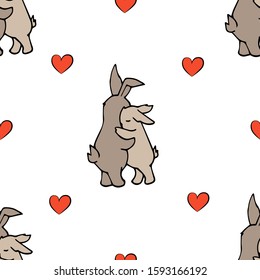 vector seamless romantic pattern with dancing and hugging rabbits and hearts on a white background. can be used as Valentine's day print, textile design, wrapping paper, stationery and other things