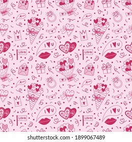 Vector seamless romantic pattern with flowers, lips, candy box, diamond ring, hearts, confetti. Valentine's Day and date concept.